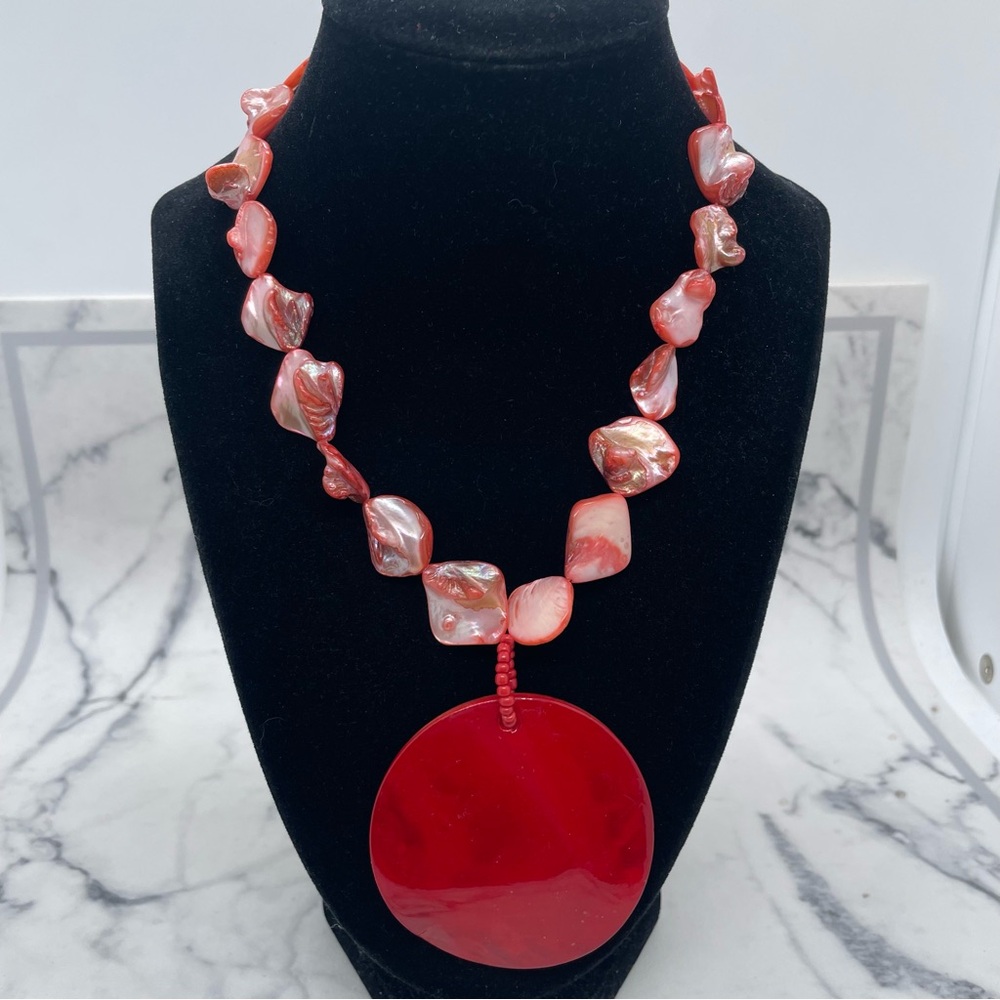 Red Dyed Mother of Pearl Abalone Shell Necklace